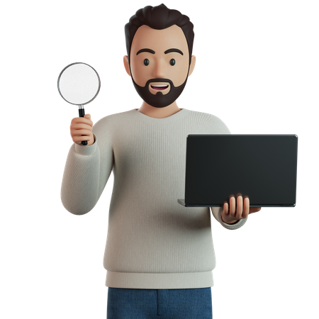 El hombre sostiene una lupa y una computadora portátil en la mano.  3D Illustration