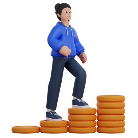Hombre subiendo escaleras de monedas  3D Icon