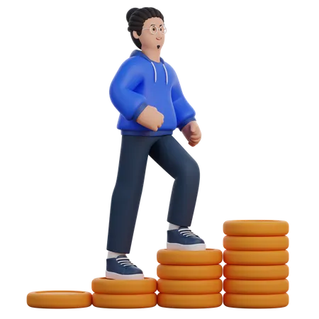 Hombre subiendo escaleras de monedas  3D Icon