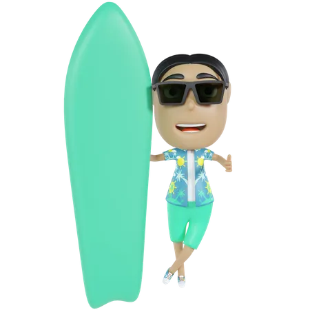 Hombre sujetando tabla de surf  3D Illustration