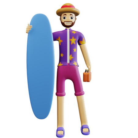 Hombre sujetando tabla de surf  3D Illustration