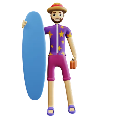 Hombre sujetando tabla de surf  3D Illustration