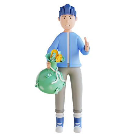 Hombre sujetando una bolsa de dinero  3D Icon