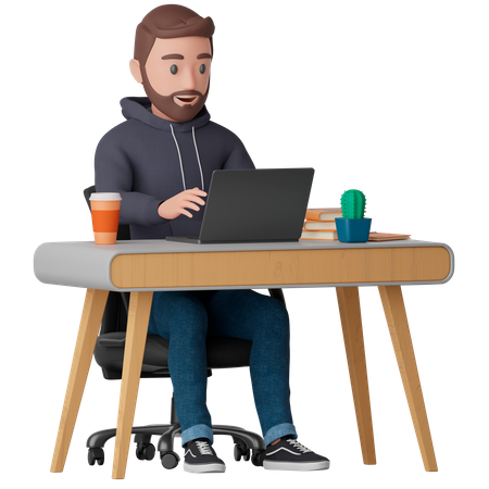 El hombre trabaja en un escritorio  3D Illustration