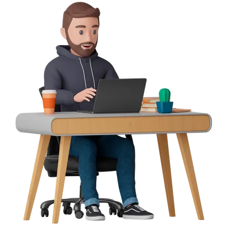 El hombre trabaja en un escritorio  3D Illustration