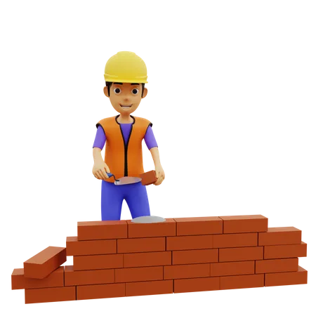 Trabajador de la construcción masculino construyendo la pared  3D Illustration