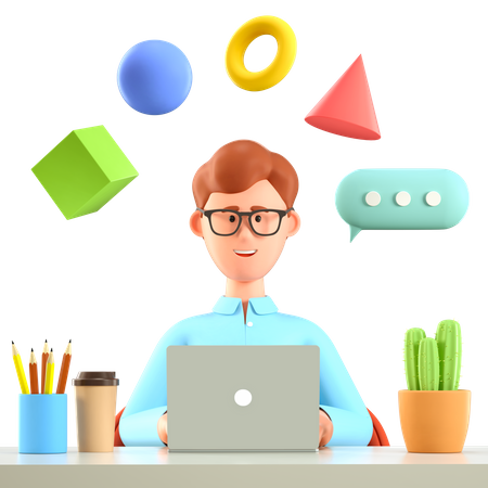 Hombre trabajando con laptop y figuras geométricas voladoras.  3D Icon