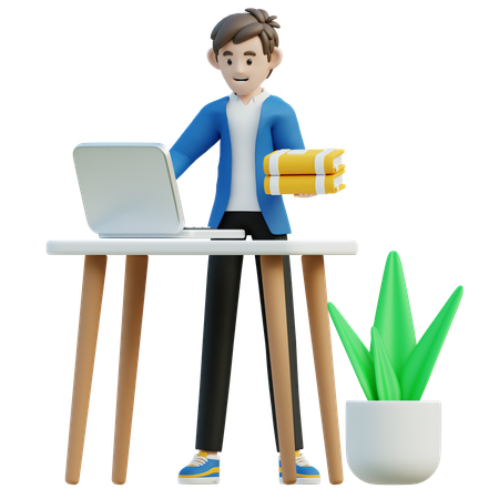 Hombre trabajando con computadora portátil desde casa  3D Illustration