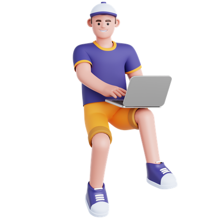 Hombre trabajando con una computadora portátil volando en el aire  3D Icon