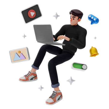 Hombre trabajando en contenido multimedia.  3D Icon