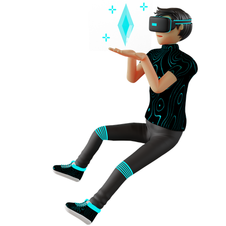 Hombre trabajando en cripto usando tecnología VR  3D Illustration