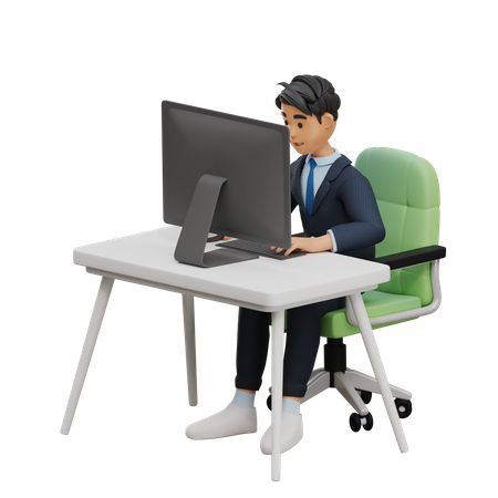 El hombre trabaja en el escritorio de la computadora  3D Illustration