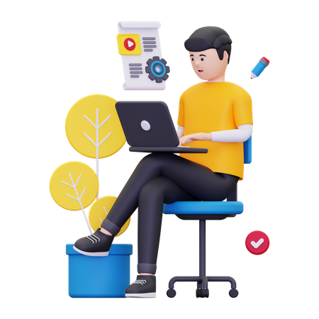 Hombre trabajando en gestión de contenidos SEO  3D Illustration