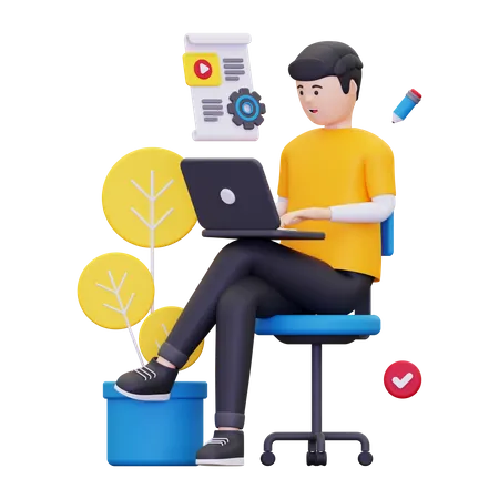 Hombre trabajando en gestión de contenidos SEO  3D Illustration