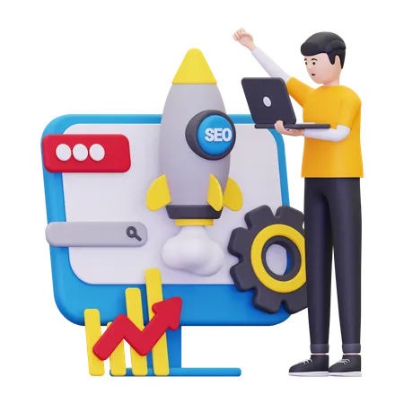 Hombre trabajando en el rendimiento de Seo  3D Illustration