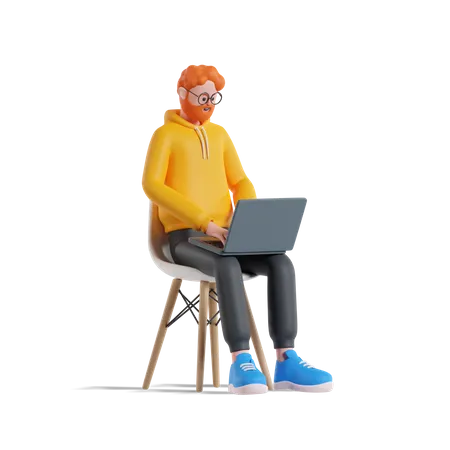 Hombre trabajando en una computadora portátil mientras está sentado en una silla  3D Illustration