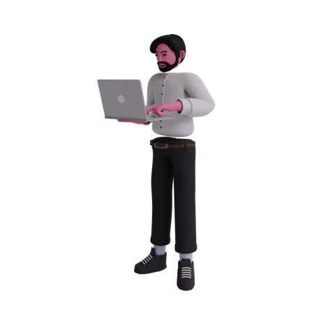 Hombre trabajando en la computadora portátil  3D Illustration