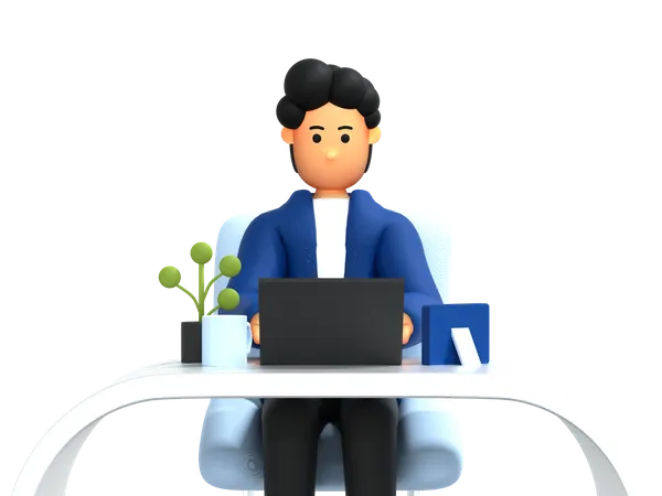 Hombre trabajando sentado en el escritorio  3D Illustration
