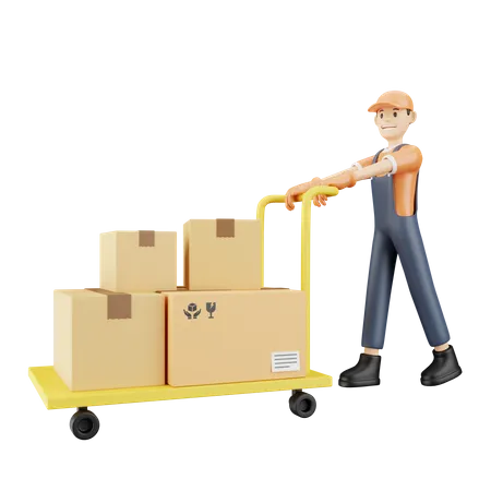 Hombre transportando paquetes en carrito de mano  3D Illustration