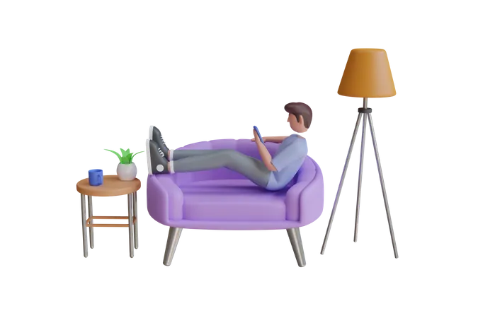 El hombre usa el móvil mientras está sentado en el sofá  3D Illustration
