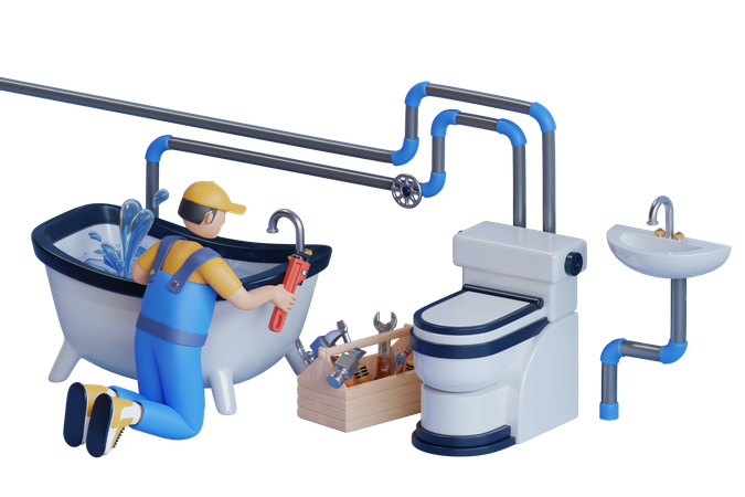 Hombre usa llave y cinta adhesiva para reparar el grifo de agua en la bañera  3D Illustration