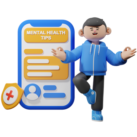 Hombre usando la aplicación de consejos de salud mental  3D Illustration