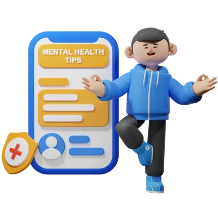 Hombre usando la aplicación de consejos de salud mental  3D Illustration