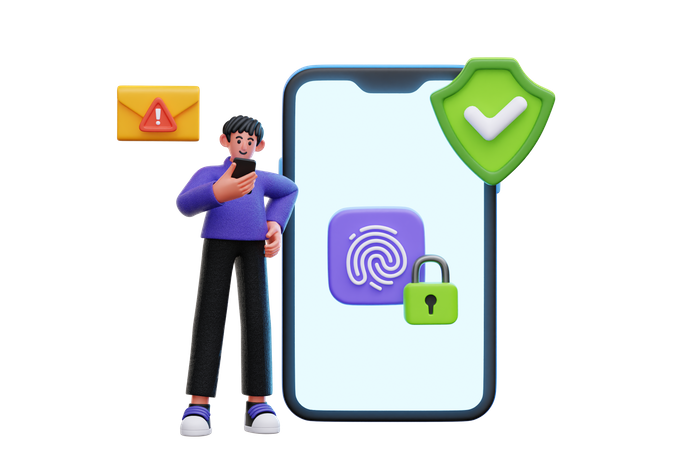 Hombre usando autenticación de huellas dactilares en un teléfono inteligente  3D Icon