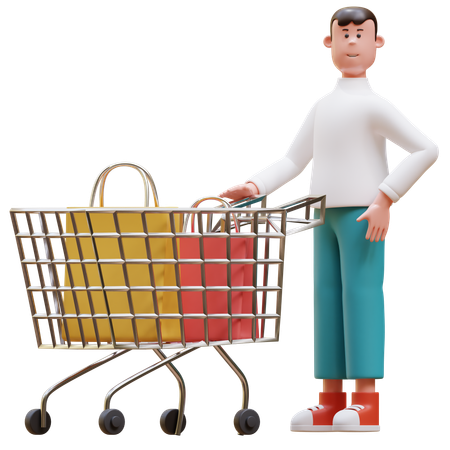 Hombre empujando carrito de compras  3D Illustration