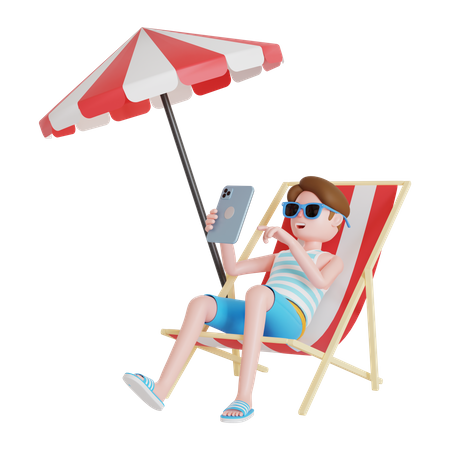 Hombre usando el móvil mientras está sentado en una silla de playa  3D Illustration