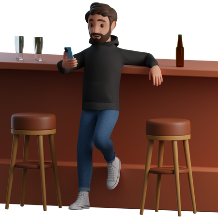 Hombre usando el teléfono en la barra del bar  3D Illustration