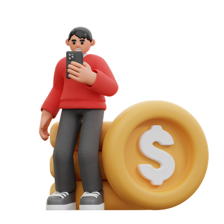 Hombre usando el teléfono mientras está sentado sobre monedas  3D Icon