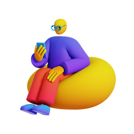 Hombre usando el teléfono en un puf  3D Illustration