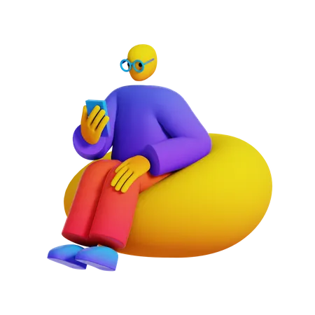 Hombre usando el teléfono en un puf  3D Illustration