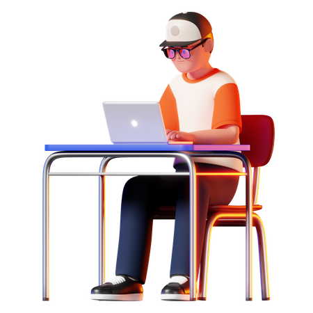 Hombre usando pose de computadora portátil  3D Illustration