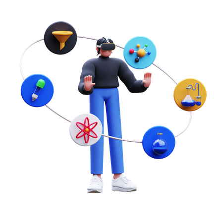 Hombre usando realidad virtual para realizar un experimento científico  3D Illustration