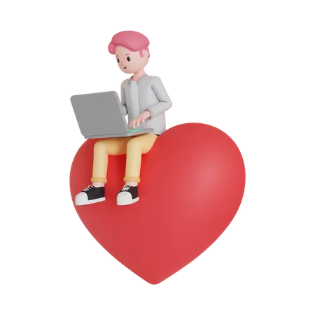 Hombre usando una computadora portátil mientras está sentado en el corazón  3D Illustration