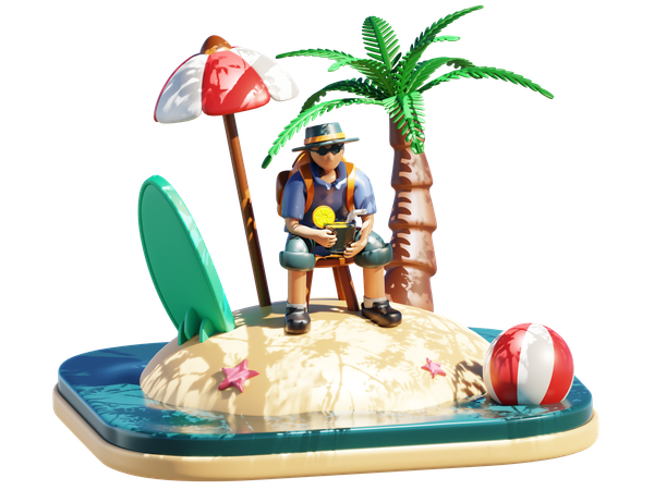 Hombre de vacaciones en la isla  3D Illustration