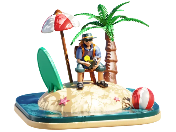 Hombre de vacaciones en la isla  3D Illustration