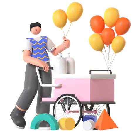 Hombre vendiendo globos desde Balloon Cart  3D Illustration