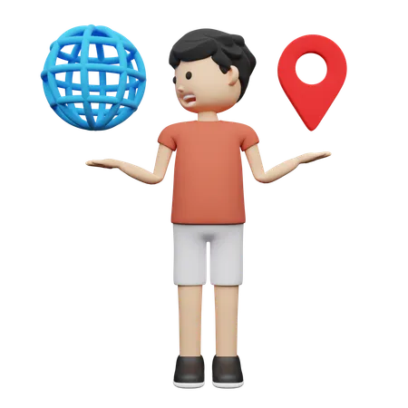 Hombre viajando por el mundo siguiendo la ubicación del mapa  3D Illustration