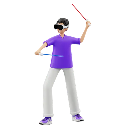 Hombre virtual jugando espada  3D Illustration