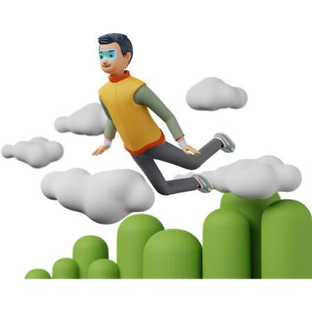 Hombre volando sobre las nubes en el mundo virtual.  3D Illustration