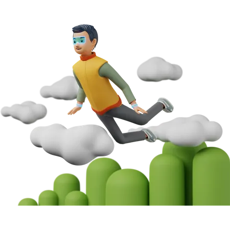 Hombre volando sobre las nubes en el mundo virtual.  3D Illustration