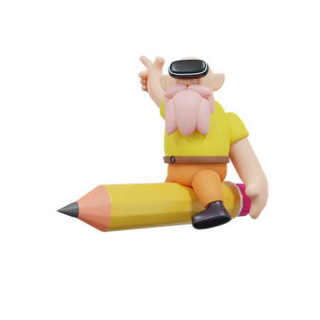 Hombre volando sobre un lápiz usando auriculares VR y disfrutando de la realidad virtual  3D Icon