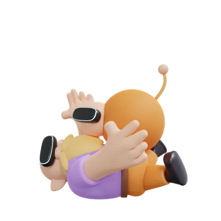 Hombre y gato usando auriculares VR  3D Illustration