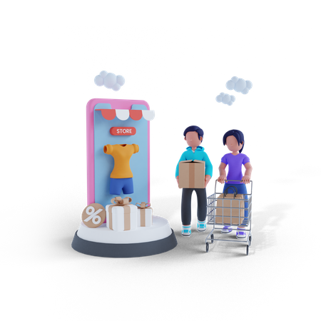 Hombre y mujer comprando desde una aplicación móvil.  3D Illustration