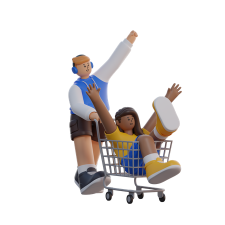 Hombre y mujer con carrito de compras.  3D Illustration