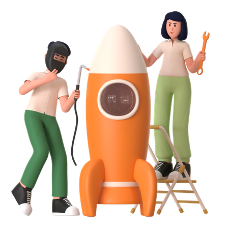 Hombre y mujer haciendo desarrollo de cohetes  3D Illustration