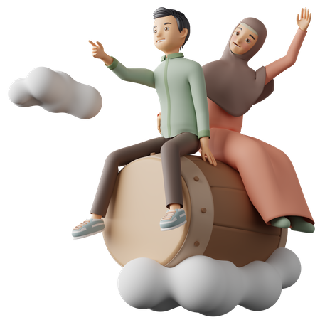 Hombre y mujer musulmanes montando tambor  3D Illustration